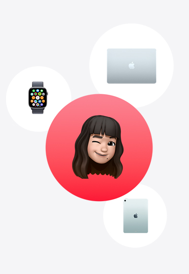 Une Apple Watch, un MacBook et un iPad autour d’un Memoji dans un cercle rouge.