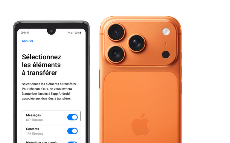 Côte à côte, écran d’un appareil Android montrant l’app Migrer vers iOS, iPhone 17 Pro, face arrière, système caméra Pro Fusion, 3 objectifs, microphone, flash