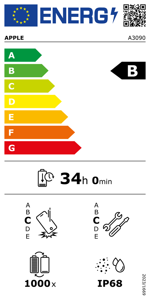 EU-energielabel, QR-code en informatie, Apple model A3090, klasse B, energie-efficiëntieklassen (met schaal van A tot G), A (meest efficiënt) tot G (minst efficiënt), batterijduur per cyclus, 34 uur en 0 minuten per keer volledig opladen, betrouwbaarheidsklasse C bij herhaaldelijke vrije val, A (meest robuust) tot E (minst robuust), repareerbaarheidsklasse C, A (gemakkelijkst repareerbaar) tot E (moeilijkst repareerbaar), levensduur batterij 1000 cycli, classificatie IP68 voor bescherming tegen binnendringen van stof en water (IP), verordening 2023/1669.