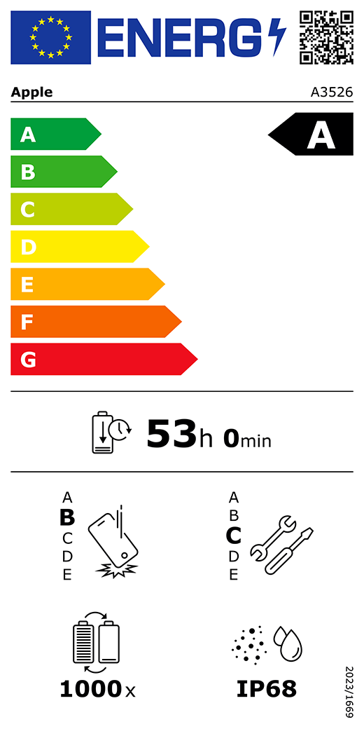 EU-energielabel, QR-code en informatie, Apple model A3526, klasse A, energie-efficiëntieklassen (met schaal van A tot G), A (meest efficiënt) tot G (minst efficiënt), batterijduur per cyclus, 53 uur en 0 minuten per keer volledig opladen, betrouwbaarheidsklasse B bij herhaaldelijke vrije val, A (meest robuust) tot E (minst robuust), repareerbaarheidsklasse C, A (gemakkelijkst repareerbaar) tot E (moeilijkst repareerbaar), levensduur batterij 1000 cycli, classificatie IP68 voor bescherming tegen binnendringen van stof en water (IP), verordening 2023/1669.