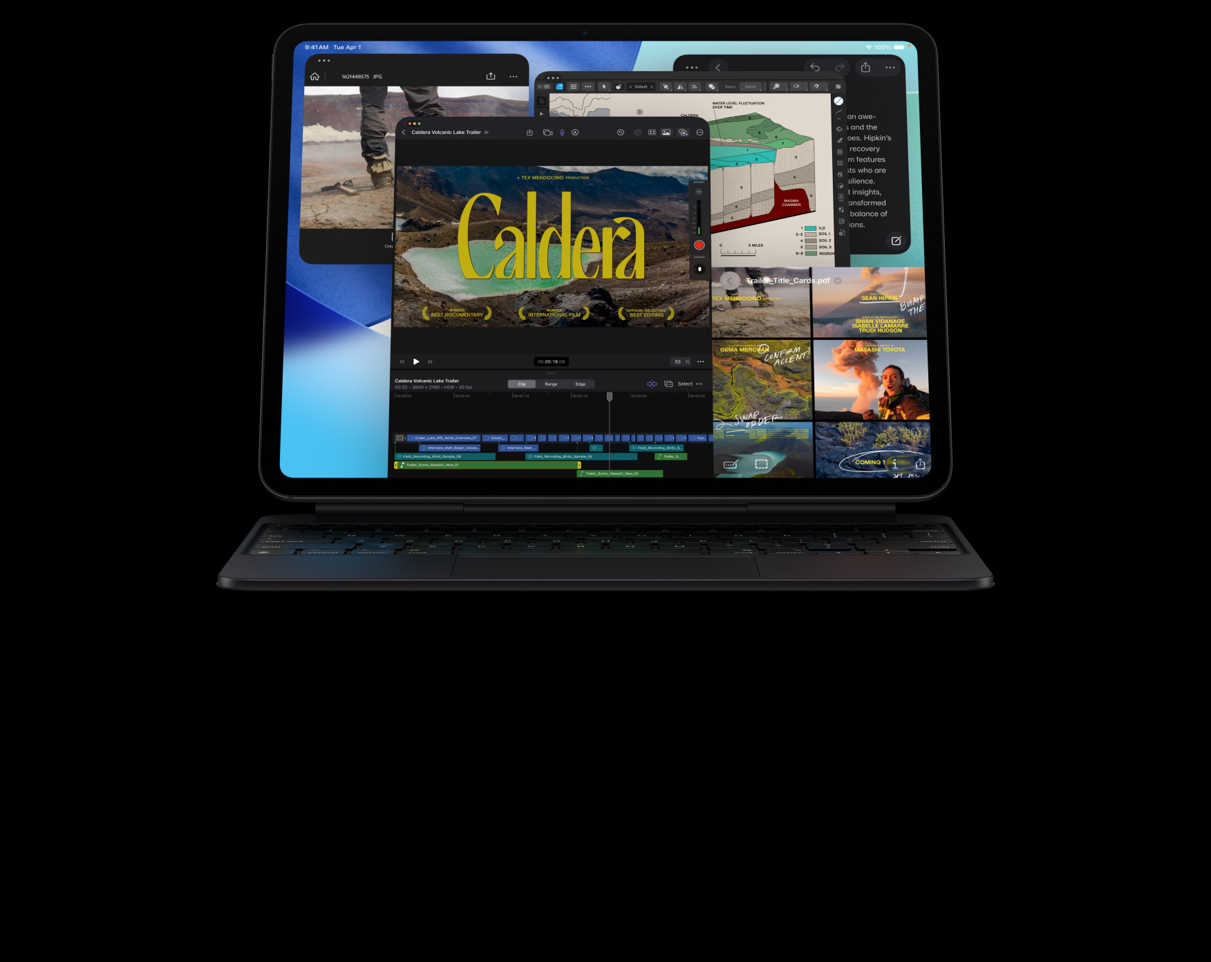 Vista frontal do iPad Pro, preto sideral, colocado na horizontal, ligado ao Magic Keyboard, preto sideral, ecrã com várias janelas de apps: Final Cut Pro com funcionalidades de edição de vídeo e linha temporal, Mapas, Notas, clips multimédia
