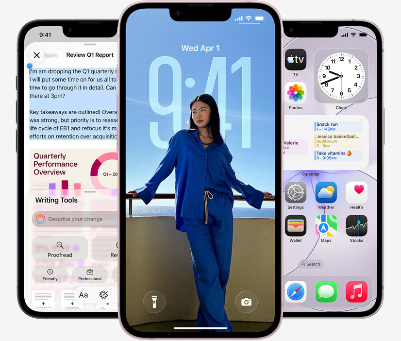 Kolme iPhone 17e ‑laitetta, etupuoli, näyttökuvassa esillä käytössä olevat Kirjoitustyökalut, lukitulla näytöllä näkyy kuva henkilöstä ja Viestit-appi lähettää viestejä satelliitin kautta
