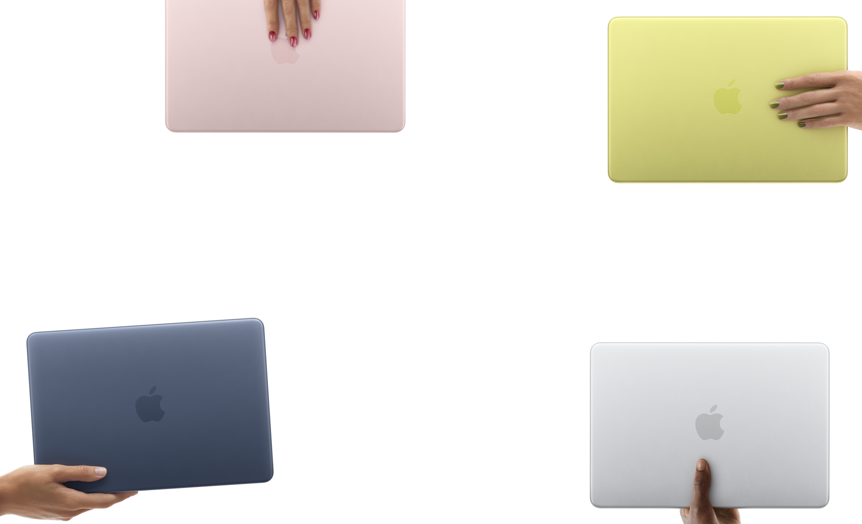 Portáveis MacBook Neo em várias cores, cada um na mão de uma pessoa diferente