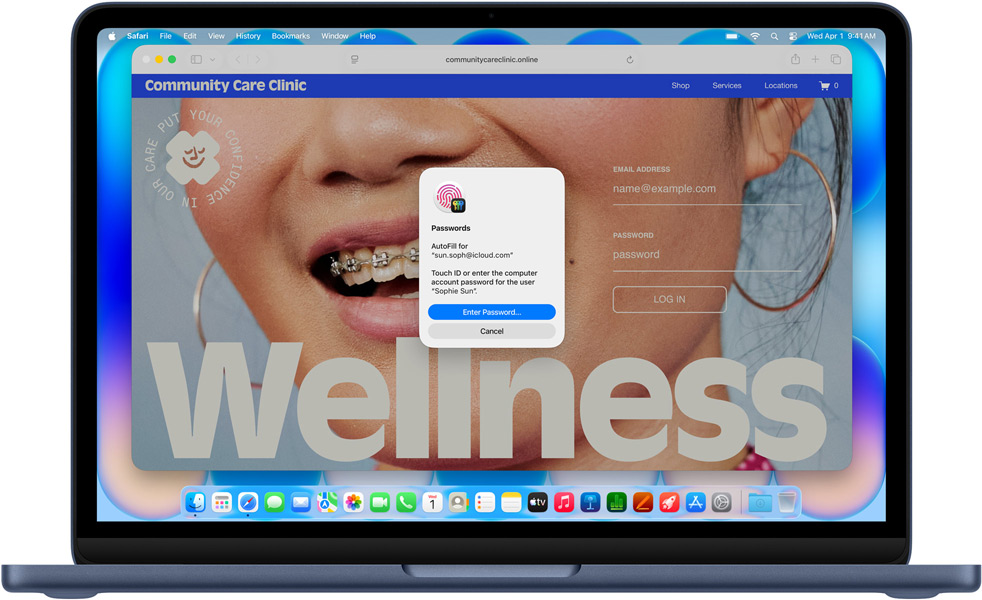 MacBook Neo, indigo color, Safari prompting user to log in using Touch ID or password to website titled Community Care Clinic
