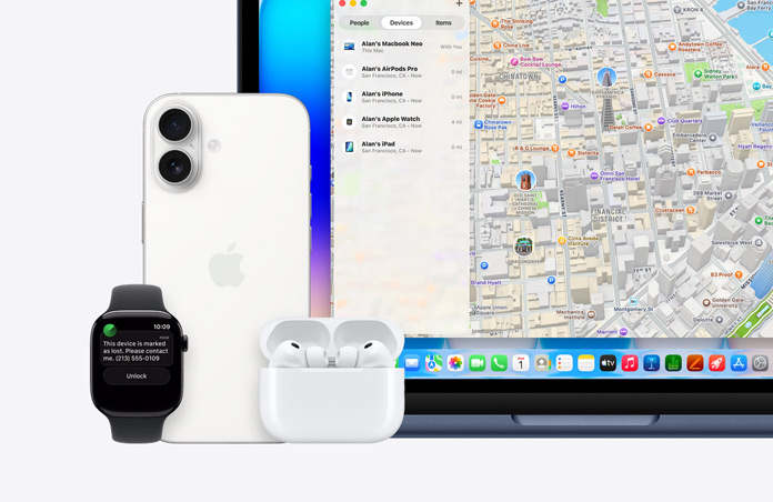 Ecrã do Apple Watch a mostrar texto com informação sobre um dispositivo perdido e o número de telefone da pessoa a contactar. Ao lado está um iPhone, AirPods Pro e um MacBook Neo na cor índigo, o ecrã mostra a app Encontrar com um mapa e a lista de dispositivos perto da localização