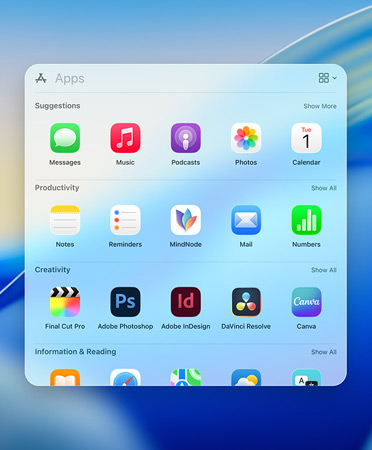 Menú de navegación de Spotlight que muestra apps con filtros por categorías: Utilidades, Social, Productividad y Finanzas, Entretenimiento e Información y Lectura