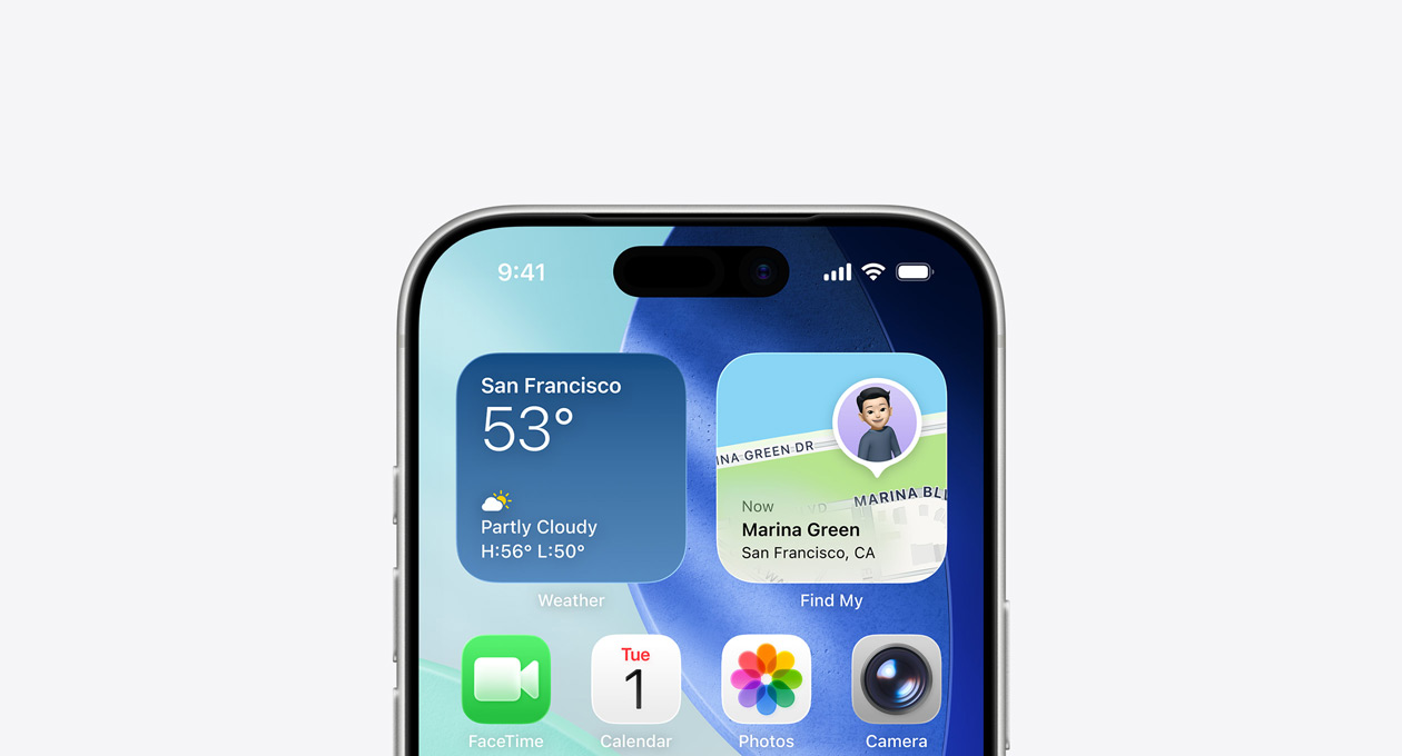 Den övre halvan av en iPhone-skärm där widgetarna Väder och Hitta visas på hemskärmens övre rad