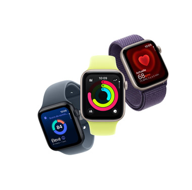 Une série d’Apple Watch SE orientées dans différentes directions.