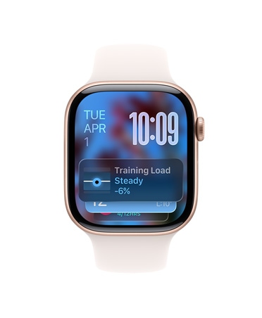 Apple Watch Series 11, χρώμα ροζ χρυσό, κάσα αλουμινίου, συμβουλή Έξυπνης Στοίβας, λουράκι Sport Band σε αιθέριο ροζ