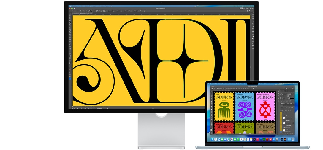 Η οθόνη Studio Display και ένα Mac laptop που δείχνουν ένα έργο σε επεξεργασία με διάφορα προγράμματα Adobe, το Studio Display εμφανίζει ένα κοντινό σε μαύρο κείμενο σε έντονο κίτρινο φόντο, η επίστρωση για μείωση της αντανάκλασης βοηθά στη μείωση της αντανάκλασης.