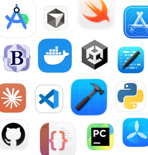 An array of coding app icons, including Unity Editor, Android Studio, Swift, Visual Studio Code, Apple Developer and more.