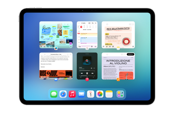 Un iPad in orizzontale con sei finestre aperte su due righe, tra cui l’app Calendario, l’app Note, Apple Music e Safari