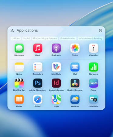 El menú de navegación de Spotlight muestra apps con filtros de categoría: Utilidades, Redes Sociales, Productividad y Finanzas, Entretenimiento e Información y Lectura