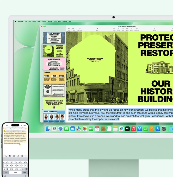 Žalios spalvos „iMac“ ir „iPhone“ šalia vienas kito. Tekstas iš „iPhone“ programos „Pastabos“ kopijuojamas ir įklijuojamas į „iMac“