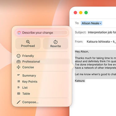 A business email featuring an Apple Intelligence prompt.