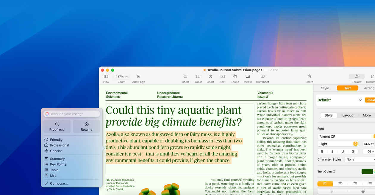 شاشة تعرض استخدام ميزة التعديل في أدوات الكتابة ضمن Apple Intelligence.