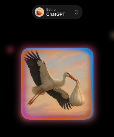 Pantalla de Image Playground con la imagen fotorrealista de una cigüeña que lleva una bolsa en el pico, en la que se muestran opciones de estilos de imágenes personalizados de ChatGPT.