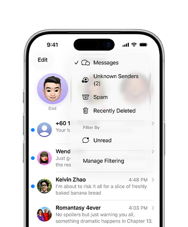 iPhone, top two-thirds only, screen shows Messages app with the new screening tools overlay menu feature