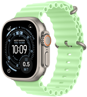 Apple Watch Ultra 3 натуральний колір, титановий корпус, циферблат «Орієнтування» з додатковими функціями: індекс УФ,  активність, Супутник, Компас; з правого боку — коронка Digital Crown, мікрофон і бічна кнопка; ремінець Ocean кольору «зелений неон»