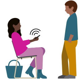 iPhoneを手に持った女性が椅子に座っていて、デバイスからは音波が出ている。その女性の前に男性が立ち、音を聞いている