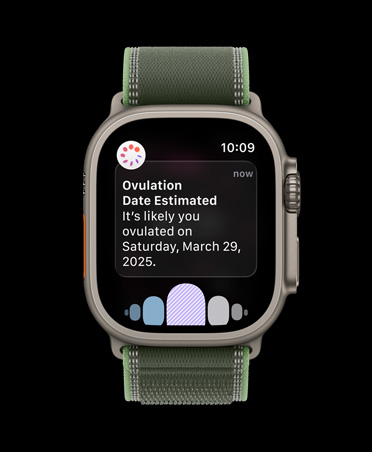 Apple Watch Ultra 3, dabīgas krāsas titāna ietvars, Cycle Tracking paziņojums par ovulācijas datuma aprēķinu Health aplikācijā, Trail Loop siksniņa, zaļa/neona zaļa krāsa