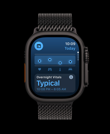 Apple Watch Ultra 3, melna krāsa, titāna ietvars, Vitals aplikācija, veselības rādītāju diagramma, paziņojums par nakts veselības stāvokļa mērījumu netipiskām vērtībām, siksniņa, melna Milānas aproce