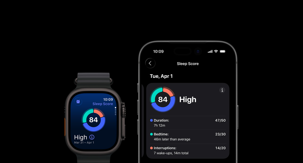 Sleep Score apļveida diagramma un vērtējums Apple Watch Ultra 3, pilna analīze atvērta savienotajā iPhone