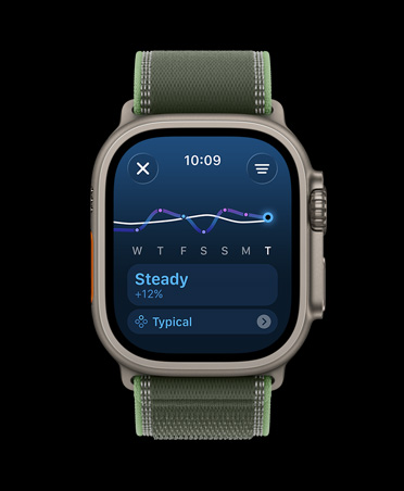 Apple Watch Ultra 3, dabīga krāsa, titāna ietvars, treniņu intensitātes līnijveida diagramma un kalendārs, siksniņa, Trail Loop siksniņa, zaļa/neona krāsa