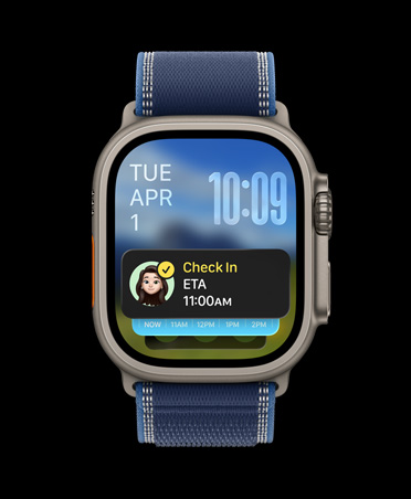 Apple Watch Ultra 3, melna krāsa, titāna ietvars, Check In paziņojums Smart Stack augšā, Trail Loop siksniņa, zila/spilgti zila krāsa