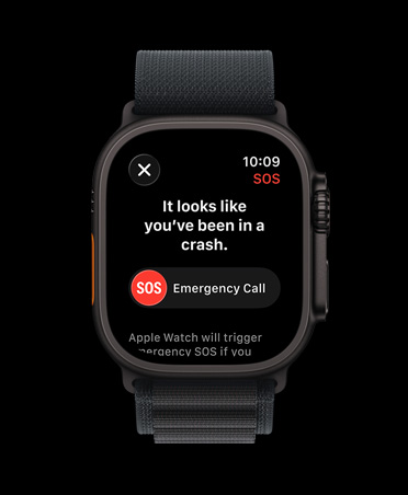 Apple Watch Ultra 3, melna krāsa, titāna ietvars, paziņojums par avārijas noteikšanu, aicinājums veikt palīdzības izsaukumu ārkārtas gadījumā, Alpine Loop siksniņa, melna krāsa
