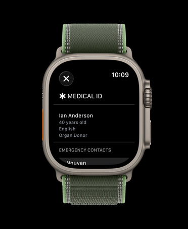 Apple Watch Ultra 3, dabīga krāsa, titāna ietvars, medicīniskā ID ekrāns, Trail Loop siksniņa, zaļa/neona krāsa