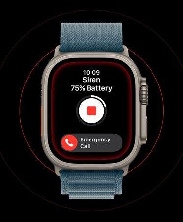 Apple Watch Ultra 3, dabīga krāsa, titāna ietvars, aktivizētas sirēnas ekrāns, apturēšanas un palīdzības izsaukuma pogas, siksniņa, tērauda zila Alpine Loop siksniņa