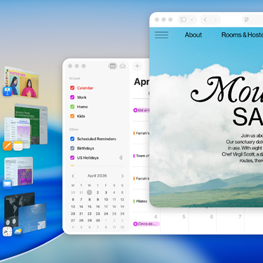 Nhiều cửa sổ và ứng dụng được hiển thị trên màn hình bao gồm Keynote, Pages, Mail, cũng như trang web có nội dung về một nơi trú ẩn thanh bình.
