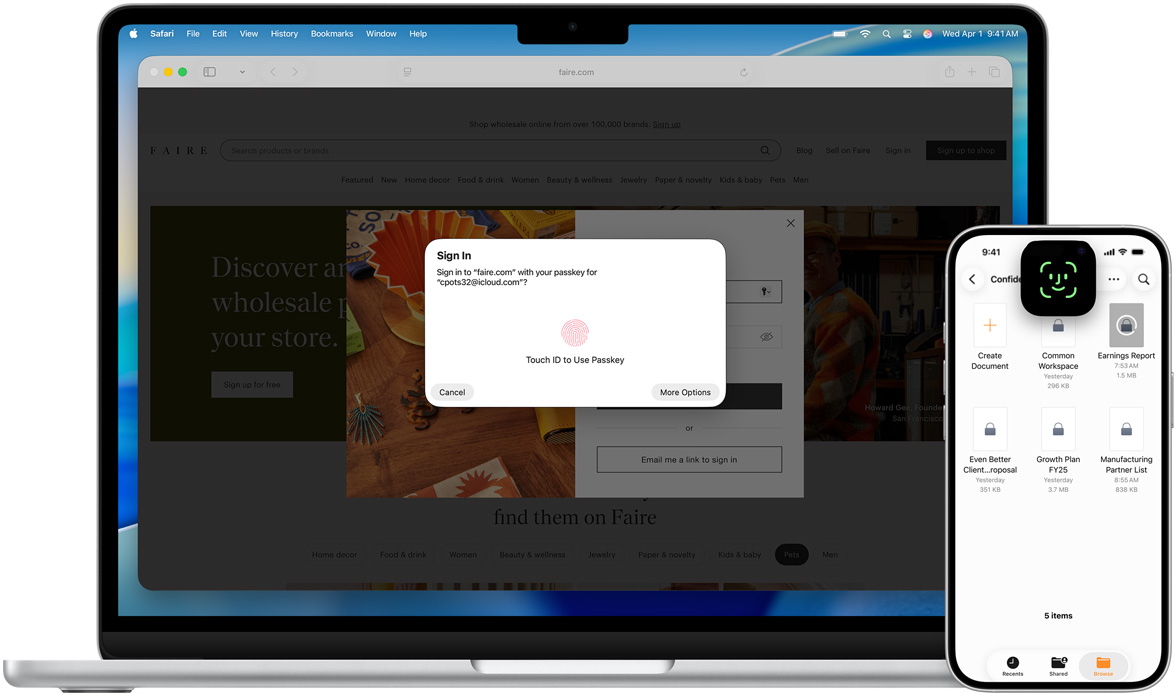 Mặt trước của MacBook hiển thị cửa sổ Touch ID. Phía trước MacBook là một chiếc iPhone hiển thị màn hình Face ID.