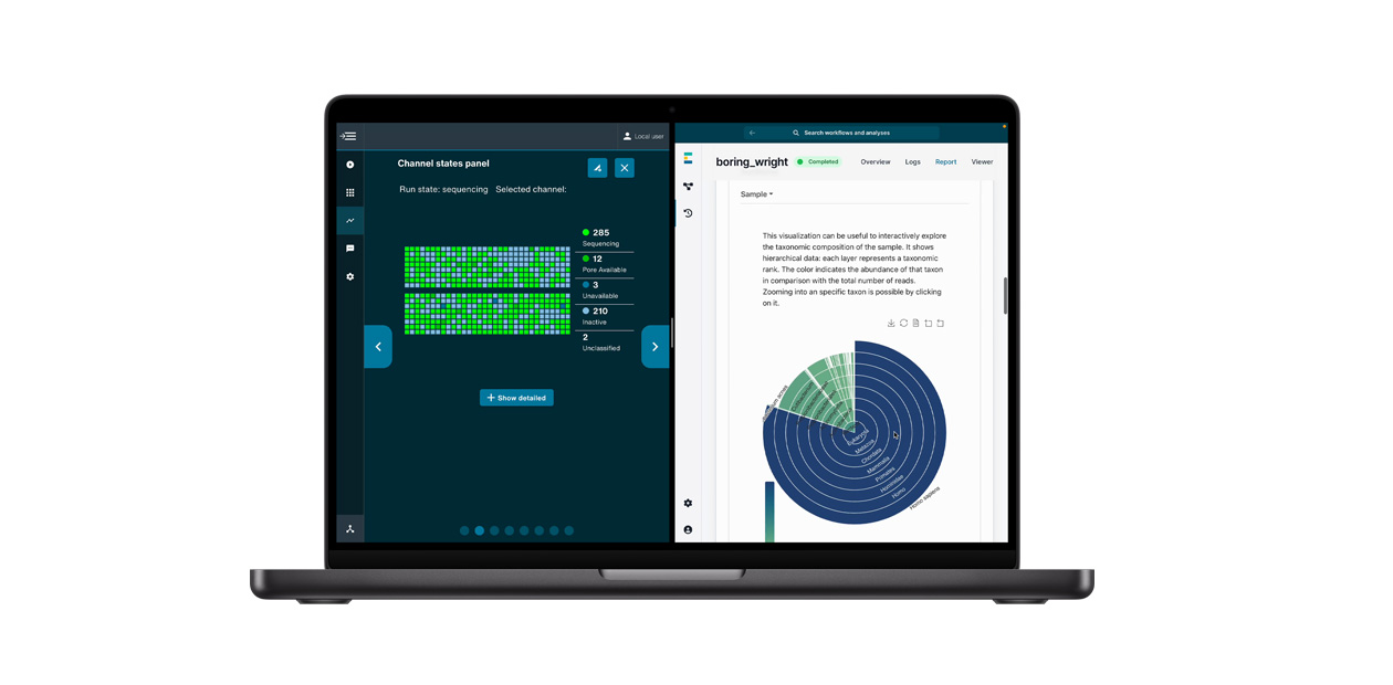 جهاز MacBook يعرض تطبيق تحديد تسلسل الحمض النووي من Oxford&nbsp;Nanopore.‏