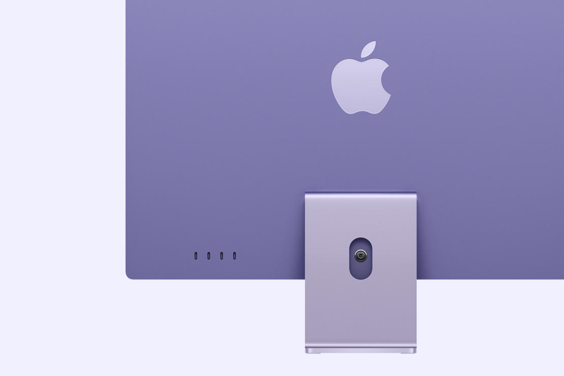 iMac violet vu de dos, avec quatre ports USB-C.