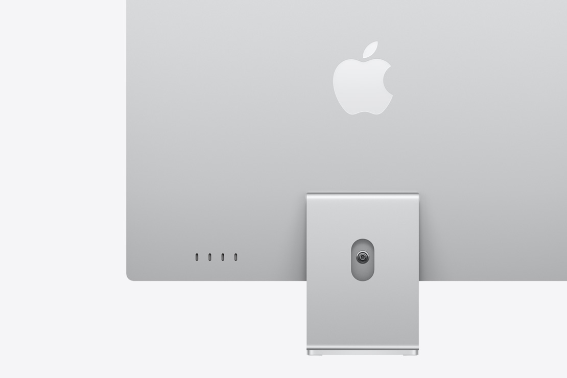 iMac argent vu de dos, avec quatre ports USB-C.