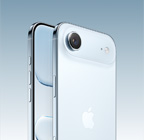 iPhone Air, Sky Blue colour, back angled exterior, Fusion Main camera system in plateau at top, Camera Control, front side exterior, all screen design, Action and volume buttons