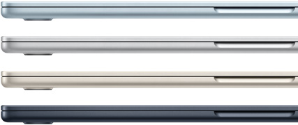 الجهة الجانبية لأربعة أجهزة لابتوب MacBook Air‏، تعرض أربعة ألوان مختلفة