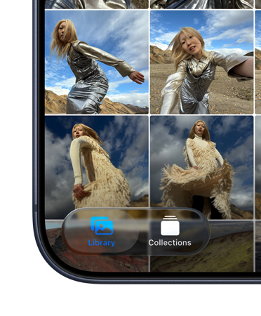 Längst ner till vänster på en iPhone visas appen Bilder med flikarna Bibliotek och Samlingar med ny design i Liquid Glass