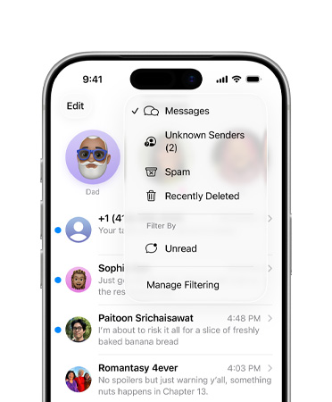 De översta två tredjedelarna av en iPhone som visar appen Meddelanden med den nya filtreringsfunktionen som placerar okända nummer i kategorin Okända avsändare