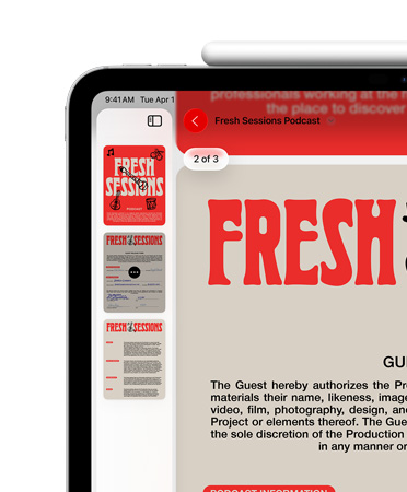 Un iPad, orientation paysage, un Apple Pencil fixé de façon magnétique à son sommet, le côté supérieur gauche de l’écran affiche un PDF dans l’app Aperçu