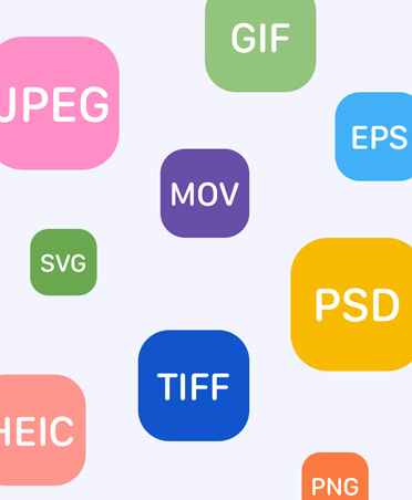 A collection of bubbles in various colors with a different file format listed inside each to show the broad file support for Pixelmator Pro