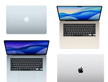 Cuatro modelos de computadoras Mac en distintos tamaños y colores que muestran la amplia gama de opciones de personalización