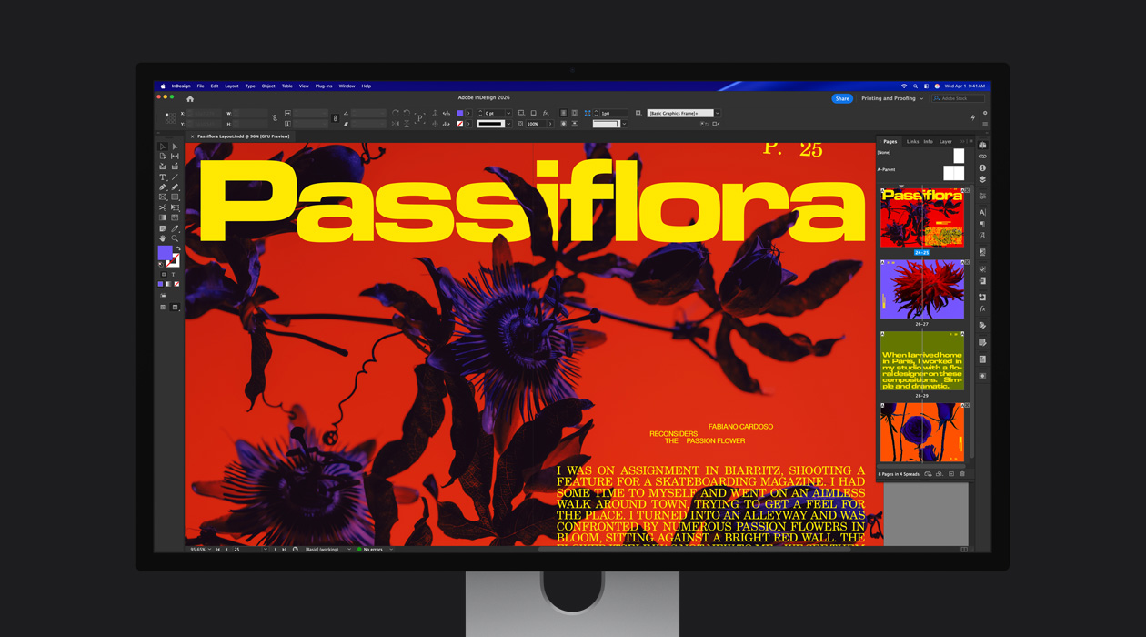 Dans un projet Adobe InDesign 2026, une page de magazine éclatante met en valeur l’espace colorimétrique P3 + Adobe RGB